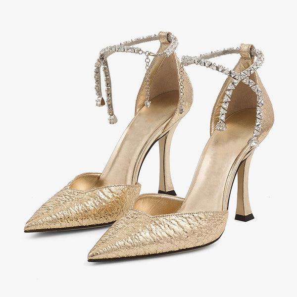 Metallic Pointed-Toe Heels with Crystal Anklet - Arno Conti Shoe