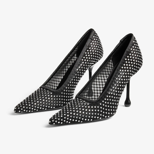 Black Satin Crystal Mesh Drop-Heel Pumps - Arno Conti Shoe