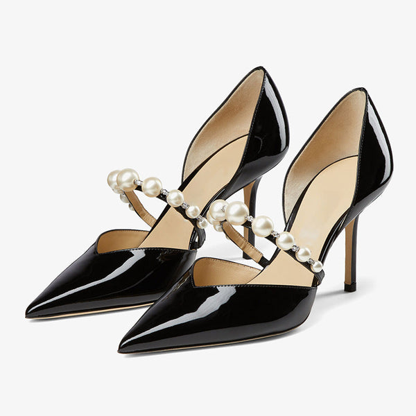 Black Patent Leather Pearl Strap Pumps - Arno Conti Shoe