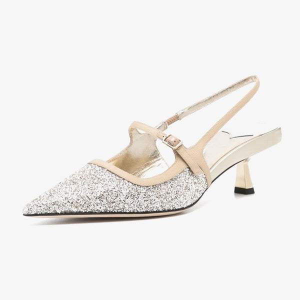 Sand Beige Glitter Cut-Out Slingback Pumps - Arno Conti Shoe