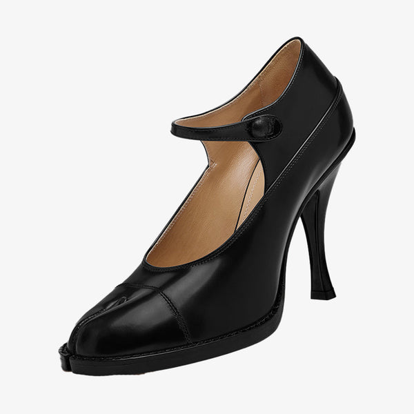 Brushed Leather Pumps with Buttoned Strap