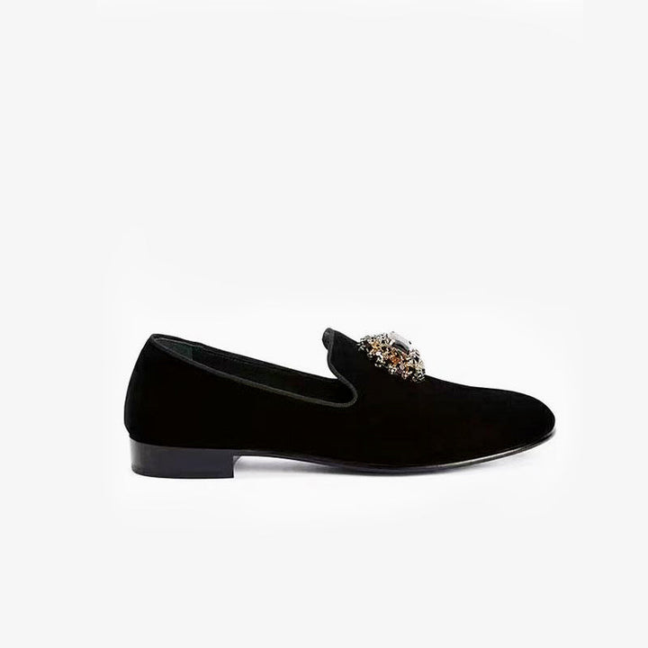 Black rhinestone-embellished Suede Loafers.