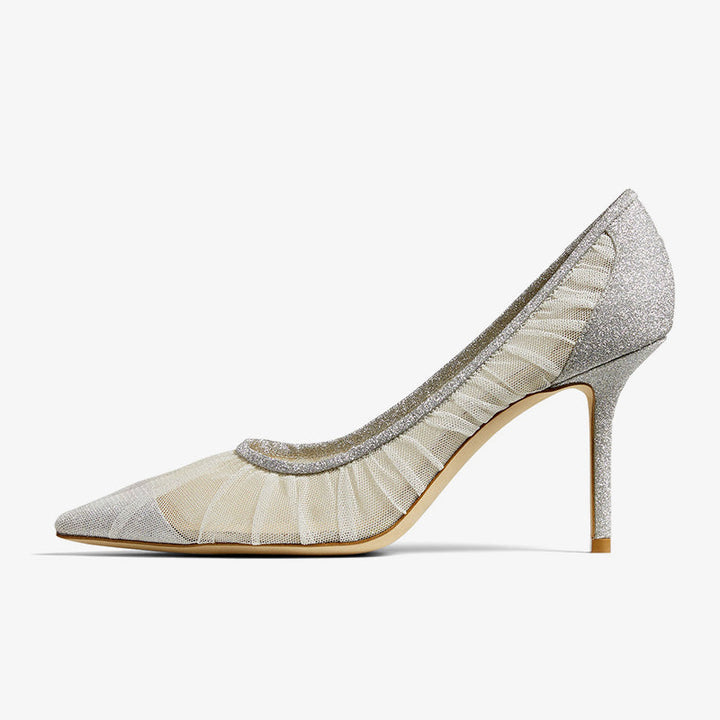 Grey Glitter Tulle Pointed-Toe Heels - Arno Conti Shoe