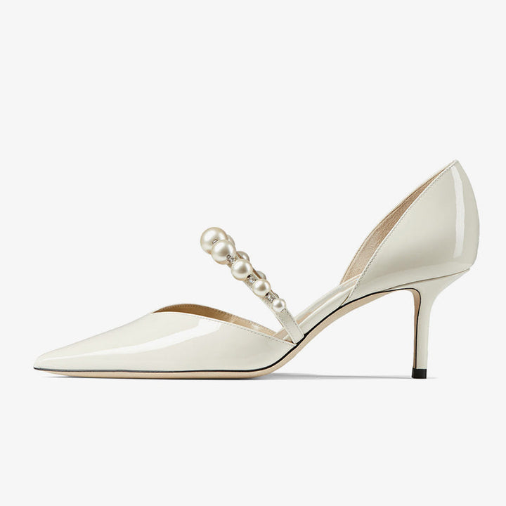 Latte Patent Leather Pearl Strap Pumps - Arno Conti Shoe