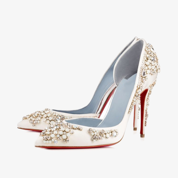 White Crepe Satin Pumps with Crystal Embellishments - ARNO CONTI