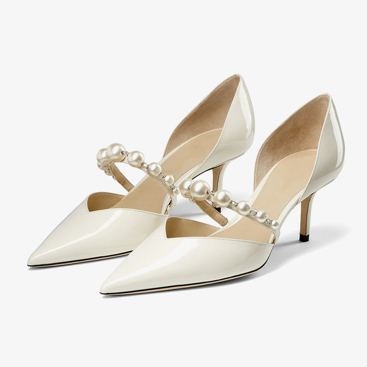 Latte Patent Leather Pearl Strap Pumps - Arno Conti Shoe