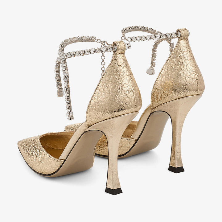 Metallic Pointed-Toe Heels with Crystal Anklet - Arno Conti Shoe