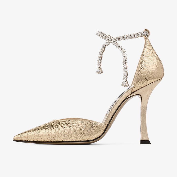 Metallic Pointed-Toe Heels with Crystal Anklet - Arno Conti Shoe