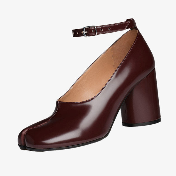 Brown Leather Block-Heel Court Shoes