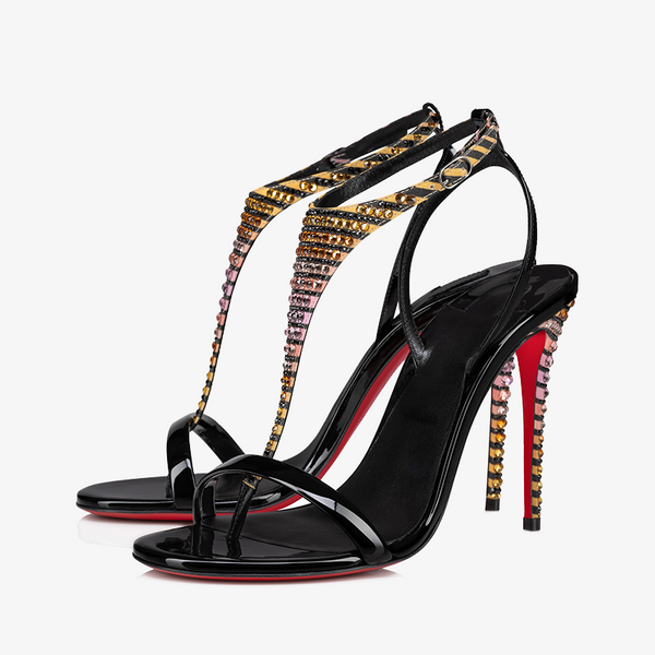 Black Patent Leather Sandal with Strass