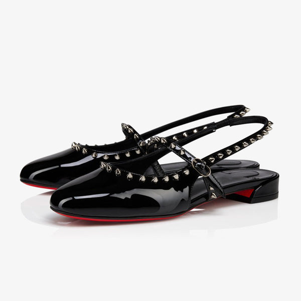 Black Patent Ballerina Flats with Metallic Spikes