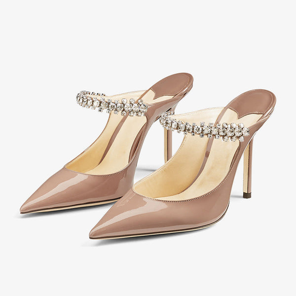 Nude Patent Leather Mule with Crystal Strap