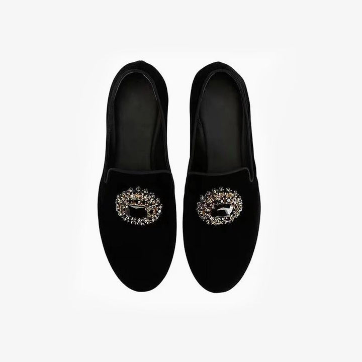 Black rhinestone-embellished Suede Loafers.