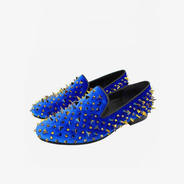 Golden Spikes Loafers in Blue Suede