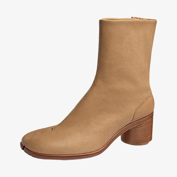 Beige Split-Toe Calf Leather Ankle Boots