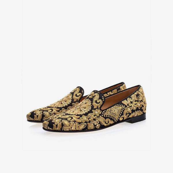 Gold Embroidered Leather Loafers