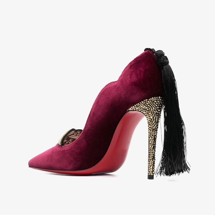 Red Trim Velvet Tassel Pumps - ARNO CONTI