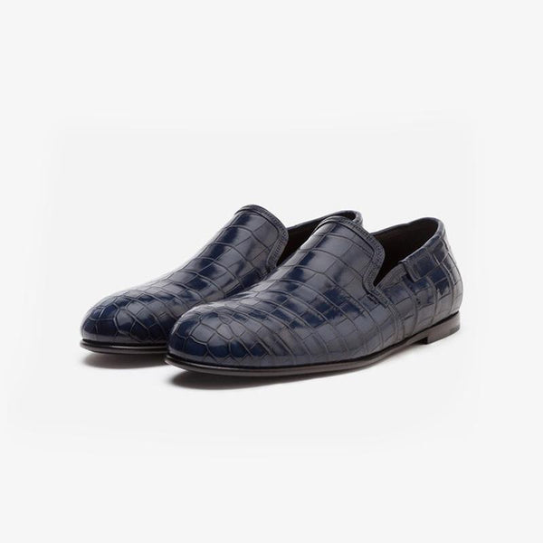 Blue Calf Croc-Embossed Loafers