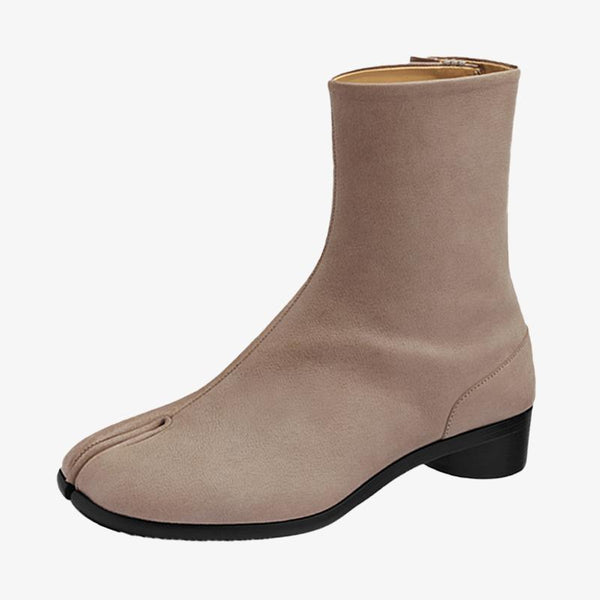 Beige Split-Toe Calf Leather Ankle Boots