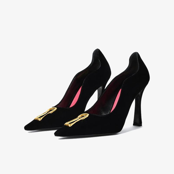 Black Velvet Pumps with Gold Keyhole