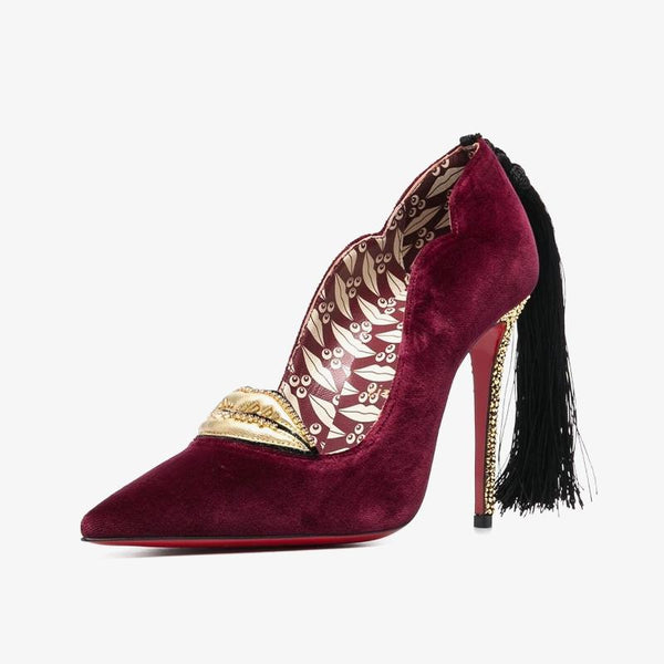 Red Trim Velvet Tassel Pumps - ARNO CONTI