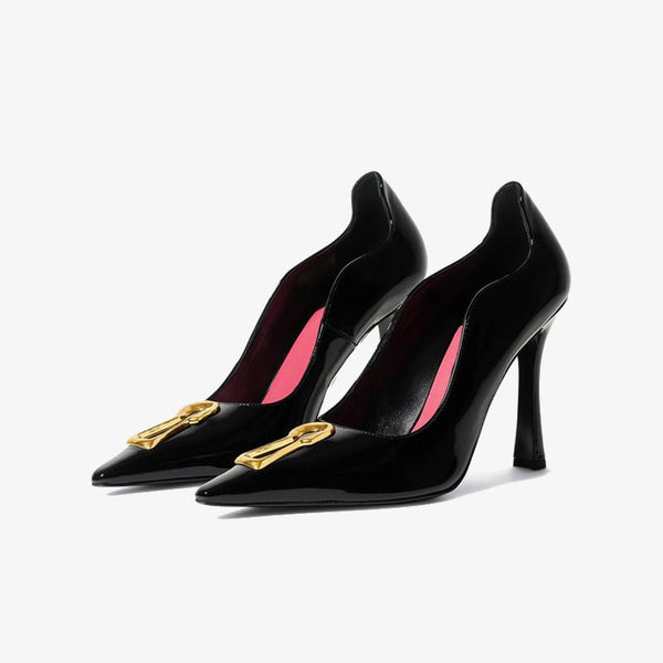 Patent Leather Pointed Pumps 100mm with Golden Keyhole Detail