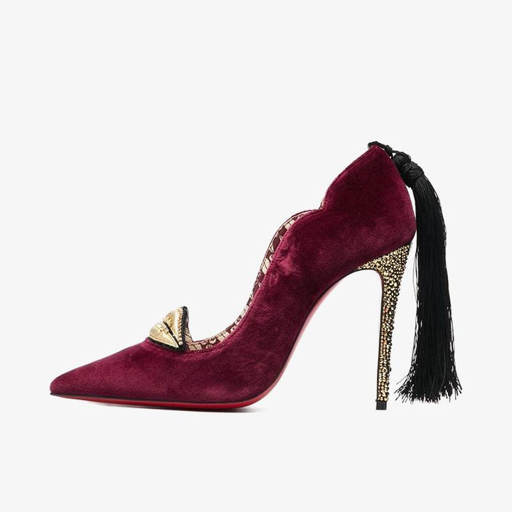 Red Trim Velvet Tassel Pumps - ARNO CONTI