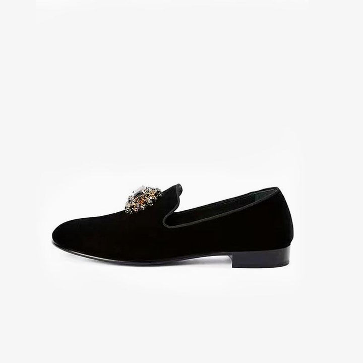 Black rhinestone-embellished Suede Loafers.