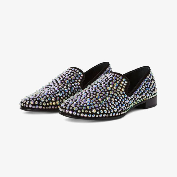 Black Suede Crystal-Embellished Loafers