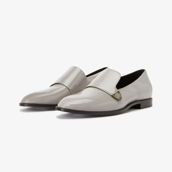 Ash Grey Patent Leather Loafers with Silver-Tone Plaque