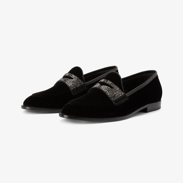 Black Velvet Loafers with Rhinestone Detail