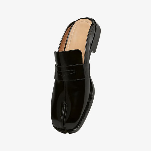 Black Calf Leather Split-Toe Slippers