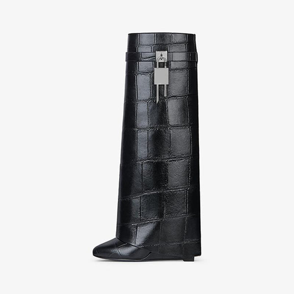 Luxe Black Crocodile-Embossed High Boots