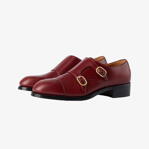 Bordeaux Red Leather Brogue Shoes with Buckle Strap