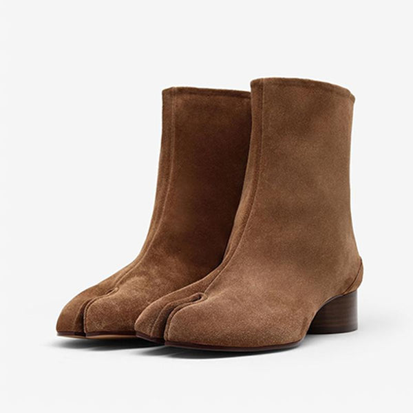 Suede Tabi Split-Toe Boots Cylindrical Heel