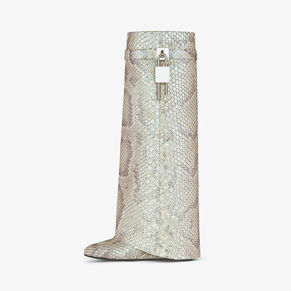 Beige Python Leather High Boots