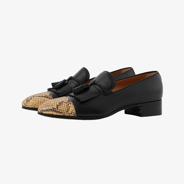 Black and Yellow Python Loafers with Fringe Detail