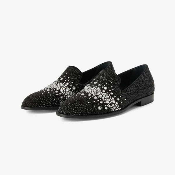 Black Suede Rhinestone-Embellished Loafers